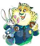  benjamin_clawhauser brown_eyes bunny cheetah disney donut food furry judy_hopps looking_at_another necktie no_humans police police_uniform purple_eyes simple_background uniform white_background zootopia 