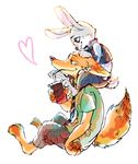 bunny carrying disney drink fox from_side furry heart judy_hopps necktie nick_wilde no_humans paper_cup police police_uniform shoulder_carry simple_background sitting straw uniform white_background zootopia 