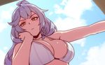  akairiot bare_arms bare_shoulders braid breasts cloud cloudy_sky crop_top day face_hold granblue_fantasy large_breasts long_hair looking_at_viewer midriff outstretched_arm serious silva_(granblue_fantasy) silver_hair sky solo twin_braids upper_body wavy_hair yellow_eyes 