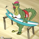  anthro bagelcollector beach big_breasts breasts clothing crocodile crocodilian female footwear half-closed_eyes looking_at_viewer nipple_bulge outside reptile sandals scalie seaside slightly_chubby smile solo standing surfboard teeth 