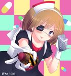  :p backpack bad_id bad_pixiv_id bag bangs blush bottle brown_hair checkered checkered_background collarbone eyebrows eyebrows_visible_through_hair eyepatch gloves grey_eyes hairband highres holding looking_at_viewer muraji0419 original outstretched_arm pill short_hair short_sleeves solo tongue tongue_out twitter_username upper_body 