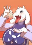  2016 anthro big_breasts blush boss_monster breasts caprine clothed clothing drooling female fur goat half-closed_eyes horn huge_breasts kori-nio mammal orange_background purple_eyes raised_arm robe saliva simple_background solo sweat tissue tongue tongue_out toriel undertale video_games white_fur white_horn 