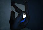  batman_(series) black_hair bodysuit boots contortion dc_comics dick_grayson domino_mask flexible gloves handcuffed male_focus mask nightwing solo spot_color 