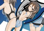  adjusting_clothes adjusting_swimsuit ass blue_swimsuit blush brown_eyes brown_hair competition_swimsuit emblem flat_ass girls_und_panzer keizoku_(emblem) long_hair mika_(girls_und_panzer) multiple_views one-piece_swimsuit one_eye_closed ryuu_tou smile swimsuit wet 