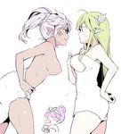  aisha_(elsword) bad_id bad_pixiv_id breasts chloe_(elsword) earrings elsword eye_contact grand_archer_(elsword) green_hair hair_ribbon hand_on_hip head_wings holding jewelry large_breasts looking_at_another milk multiple_girls naked_towel nipples open_mouth pinb pointy_ears profile purple_hair rena_(elsword) ribbon ribs simple_background sweatdrop topless towel towel_around_waist white_background 