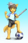  anthro ball brown_fur brown_hair canine cub dog fur gradient_background green_eyes hair male mammal plantigrade sfh simple_background soccer_ball solo young 