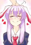  &gt;_&lt; animal_ears blazer blush bunny_ears closed_eyes commentary ear_blush ears_down happy heart highres jacket lavender_hair long_hair mana_(tsurubeji) necktie out_of_frame petting reisen_udongein_inaba shirt smile solo_focus touhou x) 