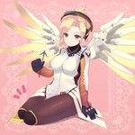  arm_support bad_id bad_twitter_id blonde_hair blue_eyes blush breasts gloves high_ponytail highres holding large_breasts long_hair mechanical_halo mechanical_wings mercy_(overwatch) mimikaki nekomo overwatch pantyhose ponytail seiza short_hair sitting skin_tight solo staff wings yellow_wings 