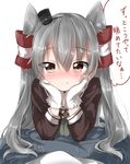  :o ^_^ amatsukaze_(kantai_collection) animated animated_gif black_hat blush brown_eyes brown_shirt closed_eyes closed_mouth commentary_request eighth_note gloves hair_between_eyes hair_tubes hairband hands_on_own_cheeks hands_on_own_face hands_up hat head_rest heart highres kantai_collection long_hair long_sleeves looking_at_viewer lying mini_hat musical_note nose_blush on_stomach open_mouth pentagon_(railgun_ky1206) pov shirt silver_hair simple_background smile solo speech_bubble talking text_focus translation_request two_side_up upper_body white_background white_gloves 