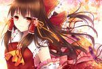  amano-sora brown_hair detached_sleeves hair_ornament hakurei_reimu long_hair looking_at_viewer red_eyes smile solo touhou 