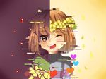  2others :d androgynous artist_name blood blush_stickers brown_hair c: chara_(undertale) chromatic_aberration closed_eyes flower_wreath frisk_(undertale) glitch head_wreath heart heart_necklace jewelry kiyasuriin md5_mismatch multiple_others necklace open_mouth petals red_eyes smile split_theme spoilers striped striped_sweater sweater undertale upper_body watermark 