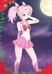  absurdres arm_behind_back bishoujo_senshi_sailor_moon blurry boots brooch chibi_usa choker circlet double_bun earrings elbow_gloves flower full_moon gloves hair_ornament hand_behind_head heart highres hoshizora_rick jewelry miniskirt moon pink_choker pink_eyes pink_footwear pink_hair pink_sailor_collar pleated_skirt ribbon rose sailor_chibi_moon sailor_collar sailor_senshi_uniform signature skirt solo sparkle twintails white_gloves 