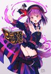  armpits ass bare_shoulders belt beret black_legwear blush book boots breasts detached_collar detached_sleeves fate/grand_order fate_(series) hat helena_blavatsky_(fate/grand_order) ichikura_tokage open_book open_mouth purple_eyes purple_hair small_breasts solo thighhighs twisted_torso 