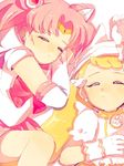  bishoujo_senshi_sailor_moon blonde_hair chibi_usa circlet closed_eyes crossover double_bun gloves hair_ornament hat kokusan_tarako makihatayama_hana miniskirt multiple_girls ojamajo_doremi pink_hair pink_skirt pleated_skirt ribbon sailor_chibi_moon sailor_senshi_uniform skirt sleeping twintails white_gloves 