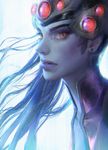  artstation_sample black_hair bodysuit brown_eyes earrings face head_mounted_display helmet high_ponytail image_sample jana_schirmer jewelry lips lipstick long_hair looking_at_viewer makeup overwatch parted_lips ponytail profile purple_lipstick purple_skin realistic solo visor widowmaker_(overwatch) 