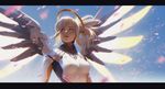  artstation_sample blonde_hair blue_eyes blue_sky bodysuit breastplate breasts day high_ponytail highres image_sample jana_schirmer letterboxed lips long_sleeves looking_away mechanical_halo mechanical_wings medium_breasts mercy_(overwatch) overwatch petals ponytail realistic short_hair sky solo spread_wings wings yellow_wings 