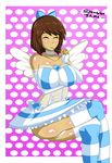  1girl bangs blush breasts brown_hair cosplay eyes_closed frisk_(undertale) long_sleeves open_mouth panty_&amp;_stocking_with_garterbelt panty_(psg) pantyshot scrambles-sama shirt short_hair simple_background solo stockings thighhighs undertale 