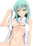  :d arm_at_side bare_shoulders bikini bikini_top black_bikini_top blush breasts buttons cleavage collared_shirt green_eyes green_hair hair_ornament hairclip kantai_collection large_breasts long_hair micro_bikini navel open_clothes open_mouth open_shirt shirt simple_background sitting sleeveless sleeveless_shirt smile solo stomach suzuya_(kantai_collection) sweatdrop swimsuit takeyuu unbuttoned unbuttoned_shirt undressing untying white_background wing_collar 