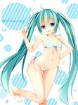  :d absurdres ahoge ass_visible_through_thighs barefoot bikini breasts fang front-tie_top green_eyes green_hair hand_on_hip hatsune_miku highleg highleg_bikini highres jyt long_hair looking_at_viewer nail_polish navel open_mouth project_diva_(series) side-tie_bikini small_breasts smile solo standing standing_on_one_leg striped striped_bikini swimsuit swimwear_(module) thigh_gap twintails very_long_hair vocaloid waving 
