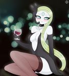  alcohol beverage blue_eyes breasts clothing dress female food green_hair hair legendary_pok&eacute;mon meloetta nintendo nipples pok&eacute;mon razplus solo video_games wine 