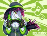  anthro beanie breasts claws clothed clothing colarix female fish green_eyes grey_skin hair hat headphones looking_at_viewer marine mayhem multicolored_hair shark sharp_teeth smile solo teeth two_tone_hair 