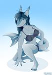  anthro bikini breasts clothing colarix crouching female fish gradient_background marine navel panties shark simple_background smile solo swimsuit underwear 