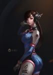 absurdres artist_name ass bad_id bad_pixiv_id bangs black_background bodysuit breasts brown_eyes brown_hair closed_mouth clothes_writing cowboy_shot d.va_(overwatch) facial_mark gloves hand_on_headphones hand_up headphones highres jovizoo long_hair looking_at_viewer medium_breasts overwatch smile solo swept_bangs whisker_markings white_gloves 