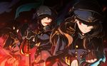  brown_eyes brown_hair hat houjou_karen idolmaster idolmaster_cinderella_girls idolmaster_cinderella_girls_starlight_stage kamiya_nao keyyan long_hair military military_hat military_uniform multiple_girls naval_uniform red_eyes shibuya_rin sword triad_primus uniform weapon 