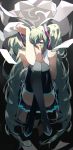  1girl absurdres bare_arms bare_shoulders black_background black_skirt commentary_request enma614_(patidonn) expressionless eyebrows_visible_through_hair floating full_body hands_on_own_face hatsune_miku heart highres knees_to_chest legs_crossed long_hair looking_away paper simple_background skirt solo spotlight thighhighs thighs twintails unknown_mother_goose_(vocaloid) very_long_hair vocaloid 