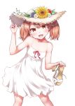  1girl :d absurdres bare_arms blush breasts brown_eyes brown_hair cleavage collarbone dress fang flower hat hat_flower high_heels highres holding holding_shoes kantai_collection kirigakure_(kirigakure_tantei_jimusho) long_hair looking_at_viewer open_mouth ryuujou_(kantai_collection) sandals shoes shoes_removed simple_background sleeveless sleeveless_dress small_breasts smile solo spaghetti_strap sun_hat sundress sunflower twintails underwear white_background white_dress 