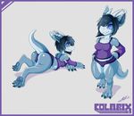  anthro butt clothed clothing colarix dinosaur female hair hair_over_eye horn hybrid looking_at_viewer scalie simple_background smile solo 