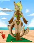  anthro beach bikini blonde_hair breasts clothing colarix english_text female fish hair hi_res marine navel open_mouth outside panties seaside shark sharp_teeth solo standing swimsuit teeth text tongue underwear wide_hips 