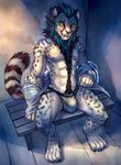  2016 bench black_hair blue_hair bulge cheetah cheetahpaws clothed clothing fangs feline fur green_eyes hair hi_res jockstrap male mammal nipples partially_clothed sitting solo teeth underwear whiskers white_fur 