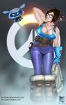  beads boots botslim breasts brown_hair cleavage fur-trimmed_boots fur_boots fur_coat fur_trim glasses hair_bun hair_ornament hair_stick highres huge_breasts looking_at_viewer mei_(overwatch) overwatch robot smile snow_boots snowball_(overwatch) solo tank_top 
