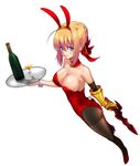  ahoge alcohol alternate_costume animal_ears arm_at_side ass bangs bare_shoulders blonde_hair blue_eyes blush bottle braid breasts bunny_ears bunny_girl bunny_tail bunnysuit cleavage closed_mouth commentary_request covered_nipples cup detached_collar drinking_glass eyebrows eyebrows_visible_through_hair fake_animal_ears fake_tail fate/extra fate_(series) from_above full_body gauntlets gold_trim green_eyes hair_between_eyes hair_bun hair_intakes hairband high_heels highres holding holding_sword holding_tray holding_weapon large_breasts leotard looking_at_viewer nero_claudius_(fate) nero_claudius_(fate)_(all) pantyhose red_footwear red_leotard red_ribbon ribbon shoes short_sword simple_background single_gauntlet smile solo standing strapless strapless_leotard sword tail taru_neko transparent tray weapon white_background wine wine_bottle wine_glass 