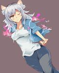  animal_ears black_hanekawa blue_shirt blush breasts burnt_clothes casual cat_ears denim fang fire hanekawa_tsubasa highres jeans long_hair medium_breasts mizuyoukan_(mikususannda) monogatari_(series) one_eye_closed pants shirt silver_hair smile solo yellow_eyes 