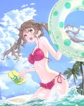  bikini brown_hair cloud day flip-flops frilled_bikini frills green_eyes holding holding_shoes innertube kagawa_yuusaku long_hair md5_mismatch navel open_mouth original palm_tree sandals sandals_removed shoes side-tie_bikini sky solo swimsuit tree twintails water 