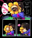  ambiguous_gender black_eyes brown_hair clothed clothing crying duo english_text evil_grin eyes_closed flower flowey_the_flower hair hug plant protagonist_(undertale) sitting smile speech_bubble sweat sweatdrop tears text thatonegojimun undertale video_games 