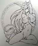  2012 areola black_and_white breasts equine female hair hi_res hooves horn long_hair looking_at_viewer mammal monochrome navel nipples nude pencil_(artwork) pose pussy simple_background solo traditional_media_(artwork) unicorn vickywyman 
