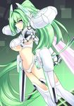  blush breasts cleavage green_hair green_heart large_breasts long_hair looking_at_viewer neptune_(series) outstretched_hand polearm ponytail purple_eyes solo spear symbol-shaped_pupils very_long_hair warabi_mochi_(ehimedaisuki) weapon 
