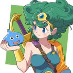  bare_shoulders blue_eyes dragon_quest dragon_quest_iv green_hair heroine_(dq4) short_hair slime_(dragon_quest) smile solo sword weapon yazwo 