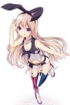  :p absurdres ankle_boots bare_shoulders belt black_hairband blonde_hair boots breasts cleavage cosplay front-tie_top garter_straps hairband high_heel_boots high_heels highres iowa_(kantai_collection) iowa_(kantai_collection)_(cosplay) kantai_collection leaning_forward long_hair looking_at_viewer miniskirt mismatched_legwear purple_eyes shimakaze_(kantai_collection) simple_background skirt small_breasts solo striped striped_legwear suishin_tenra thighhighs tongue tongue_out vertical-striped_legwear vertical-striped_skirt vertical_stripes white_footwear 