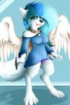  anthro canine clothed clothing colarix colarix_(fursona) collar fangs female hi_res hybrid mammal open_mouth panties simple_background smile solo standing teeth tongue underwear wings wolf 