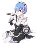  black_dress blue_eyes blue_hair blush breasts commentary_request detached_sleeves dress flail frills hair_ornament hair_over_one_eye looking_at_viewer maid medium_breasts morning_star nanashino re:zero_kara_hajimeru_isekai_seikatsu rem_(re:zero) short_hair sitting smile solo thighhighs weapon white_legwear x_hair_ornament 