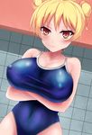  :/ alternate_hairstyle bakuon!! bangs bare_shoulders blonde_hair blue_swimsuit blush breast_hold breasts competition_school_swimsuit covered_navel covered_nipples cowboy_shot crossed_arms double_bun dutch_angle eyelashes hair_up large_breasts looking_at_viewer one-piece_swimsuit orange_eyes sayo_ayato school_swimsuit solo suzunoki_rin swimsuit taut_clothes taut_swimsuit tile_wall tiles tsurime 