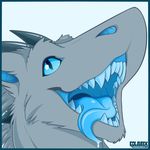  anthro blue_eyes colarix dragon hi_res horn looking_at_viewer male open_mouth sharp_teeth simple_background slit_pupils solo teeth tongue tongue_out 