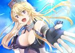  blonde_hair blue_sky breasts day elbow_gloves foreshortening front-tie_top gloves headgear iowa_(kantai_collection) kantai_collection large_breasts long_hair open_mouth purple_eyes sky smile solo star star-shaped_pupils sunlight symbol-shaped_pupils upper_body yunamaro 