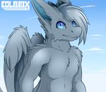  anthro blue_eyes cloud colarix dragon fur furred_dragon grey_fur horn looking_at_viewer male nude outside simple_background solo wings 