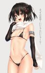  :d arm_at_side bangs bare_shoulders bikini black_bikini black_gloves black_hair blush breasts brown_eyes cowboy_shot elbow_gloves fishnets gloves grey_background hair_ornament hairpin hand_up highres kantai_collection keita_(tundereyuina) micro_bikini navel open_mouth remodel_(kantai_collection) scarf sendai_(kantai_collection) short_hair simple_background small_breasts smile solo standing stomach swimsuit tassel teeth translation_request v-shaped_eyebrows white_scarf 