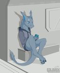  anthro clothed clothing colarix dragon fur grey_fur hi_res inside male phone sitting solo 